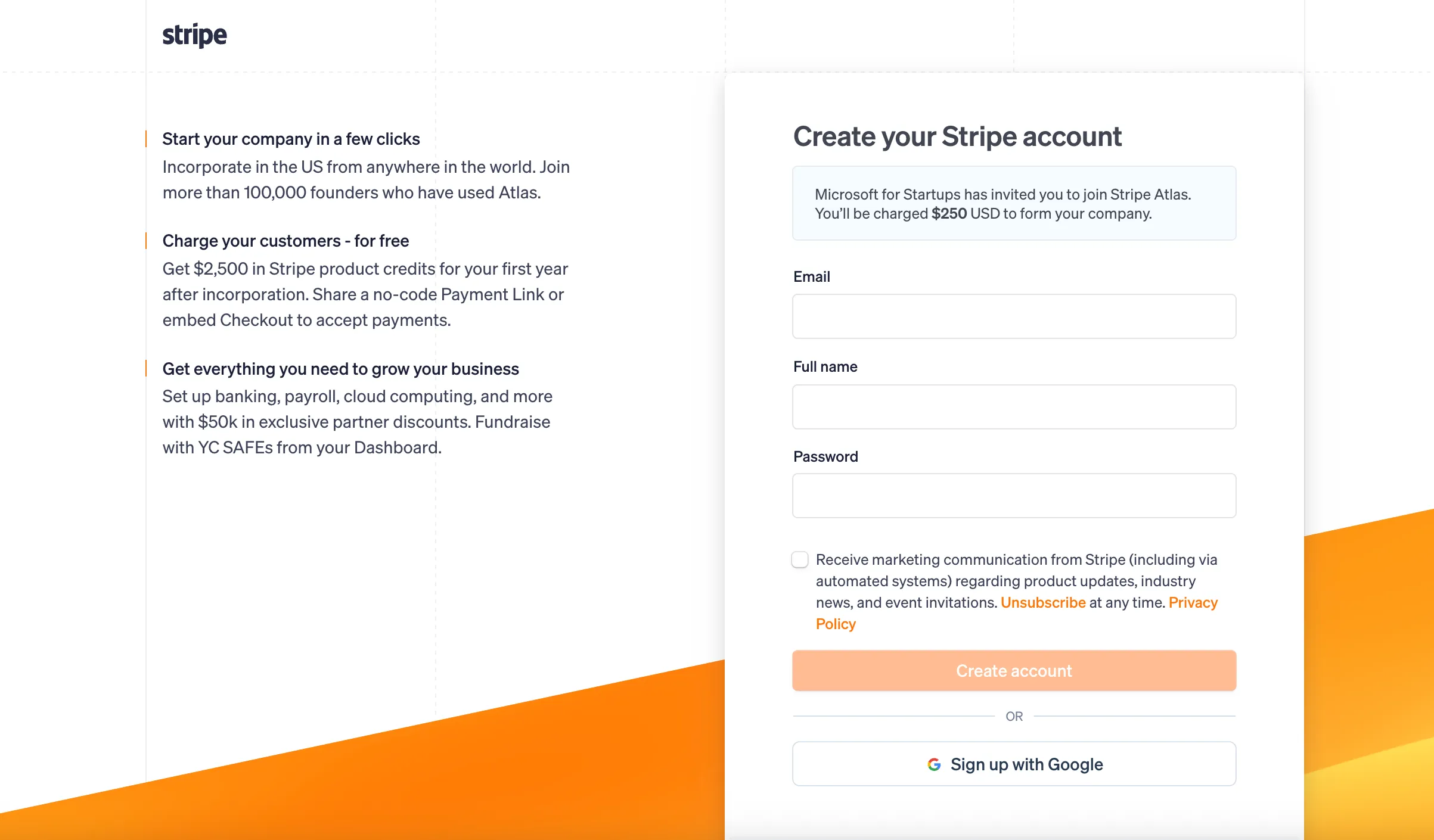 Stripe Atlas 注册页面：通过 Microsoft for Startups 邀请，注册费用为 250 美元